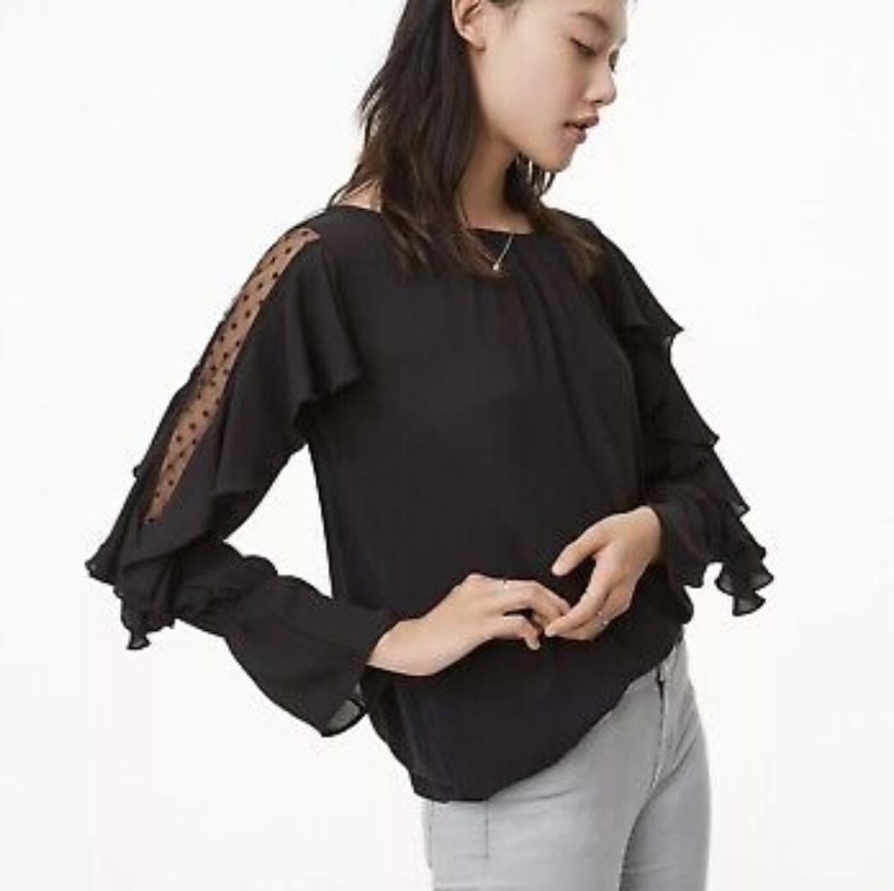 Ann Taylor Loft Dot Laced Ruffle Sleeve Blouse L